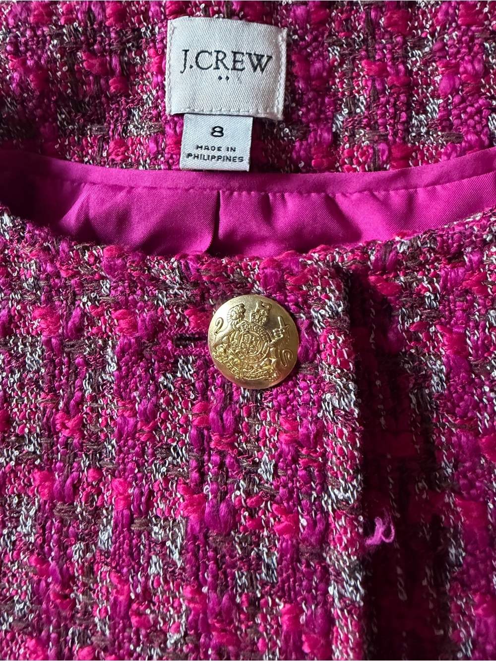 J.CREW Pink Tweed Bouclé Jacket Gold Crest Buttons Size 8 NWOT - Picture 5 of 10